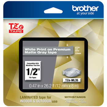 Brother TZe Premium Laminated Tape, 1/2&quot; x 26 1/5 ft, White on Gray