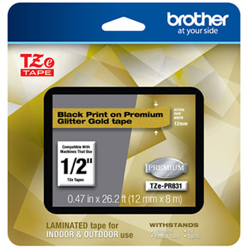 Brother TZe Premium Laminated Tape, 12mm x 8m, Black on Gold
