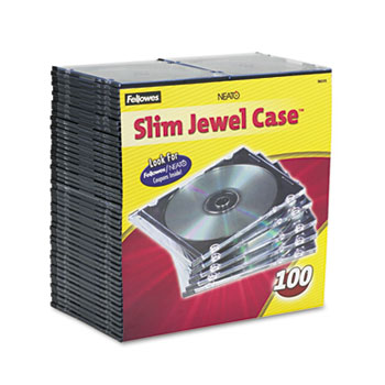 Fellowes&#174; Slim Jewel Case, Clear/Black, 100/Pack