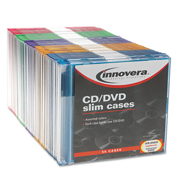 Innovera&#174; CD/DVD Polystyrene Thin Line Storage Case, Assorted Colors, 50/Pack