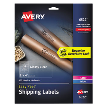 Avery&#174; Glossy Clear Easy Peel Mailing Labels, 2 x 4, Clear, 10/Sheet, 10 Sheets/PK