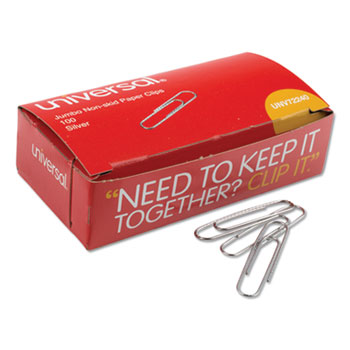 Universal Paper Clips, Jumbo, Nonskid, Silver, 100 Clips/Box, 10 Boxes/Pack