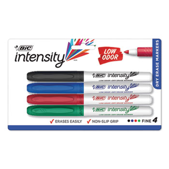 BIC Intensity Low Odor Fine Point Dry Erase Marker, Fine Bullet Tip, Assorted Colors, 4/Set