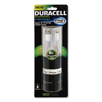 Duracell Hi-Performance Sync And Charge Cable for iPad; iPhone; iPod, Apple Lightning, 6 ft, White