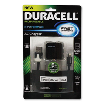 Duracell&#174; Hi-Performance Wall Charger for iPad; iPhone; iPod, Lightning Connector, Folding Prong