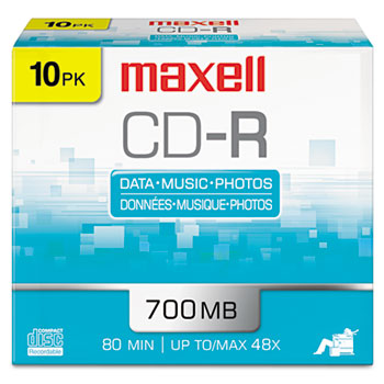 Maxell&#174; CD-R Discs, 700MB/80min, 48x, w/Slim Jewel Cases, Silver, 10/Pack