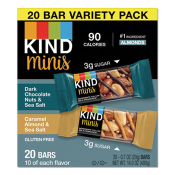 KIND Minis, Dark Chocolate Nuts and Sea Salt/Caramel Almond and Sea Salt, 0.7 oz, 20/Pack