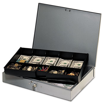SteelMaster Extra-Wide Steel Cash Box w/10 Compartments, Key Lock, Gray