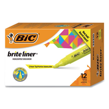 BIC Brite Liner Tank-Style Highlighter, Fluorescent Yellow Ink, Chisel Tip, Yellow/Black Barrel, Dozen