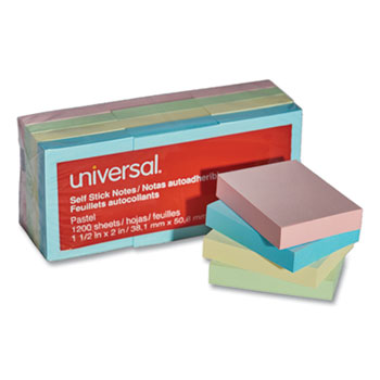 Universal Self-Stick Note Pads, 1.5&quot; x 2&quot;, Assorted Pastel Colors, 100 Sheets/Pad, 12 Pads/Pack