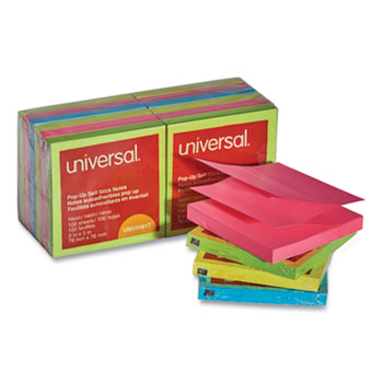 Universal Fan-Folded Self-Stick Pop-Up Note Pads, 3&quot; x 3&quot;, Assorted Neon Colors, 100 Sheets/Pad, 12 Pads/Pack