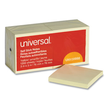 Universal Self-Stick Note Pads, 3&quot; x 3&quot;, Yellow, 100 Sheets/Pad, 12 Pads/Pack