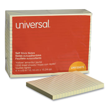 Universal Self-Stick Note Pads, Note Ruled, 4&quot; x 6&quot;, Yellow, 100 Sheets/Pad, 12 Pads/Pack