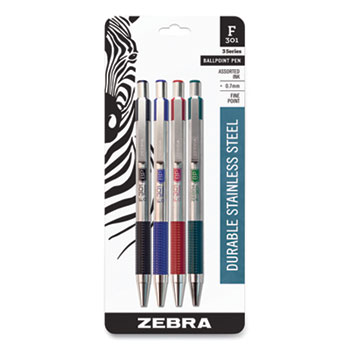 Zebra F-301 Retractable Ballpoint Pen, 0.7 mm, Assorted Color Ink, Stainless Steel/Assorted Color Barrel, 4/PK