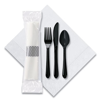 Hoffmaster&#174; CaterWrap Cater to Go Express Cutlery Kit, Fork/Knife/Spoon/Napkin, Black, 100/Carton
