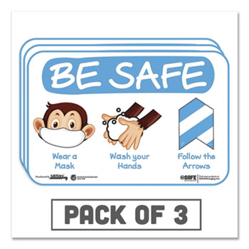 Tabbies BeSafe Messaging Education Wall Signs, 9 x 6,  &quot;Be Safe, Wear a Mask, Wash Your Hands, Follow the Arrows&quot;, Monkey, 3/Pack