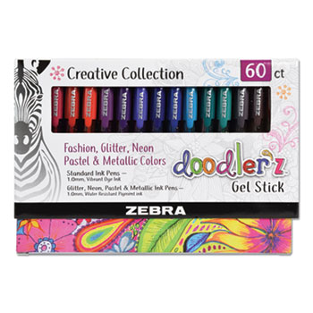 Zebra&#174; Doodler&#39;z Gel Stick Pen, Bold 1 mm, Assorted Ink, Assorted Barrels, 60/Pack