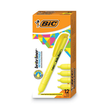 BIC&#174; Brite Liner Retractable Highlighter, Fluorescent Yellow Ink, Chisel Tip, Yellow/Black Barrel, Dozen