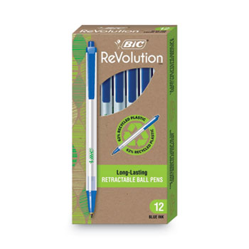 BIC ReVolution Clic Stic Ballpoint Pen, Retractable, Medium 1 mm, Blue Ink, Clear Barrel, Dozen