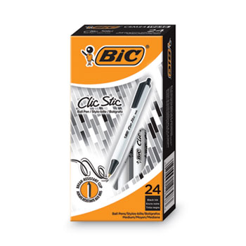 BIC Clic Stic Ballpoint Pen Value Pack, Retractable, Medium 1 mm, Black Ink, White Barrel, 24/Pack