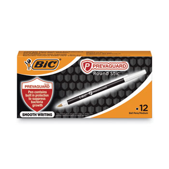 BIC&#174; PrevaGuard Ballpoint Pen, Stick, Medium 1 mm, Black Ink/Black Barrel, Dozen