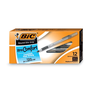 BIC Round Stic Grip Xtra Comfort Ballpoint Pen, Easy-Glide, Stick, Medium 1.2 mm, Black Ink, Gray/Black Barrel, Dozen
