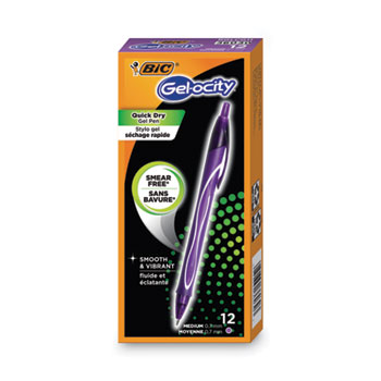 BIC Gel-ocity Quick Dry Gel Pen, Retractable, Medium 0.7 mm, Purple Ink, Purple Barrel, Dozen