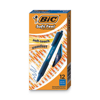 BIC Soft Feel Ballpoint Pen, Retractable, Fine 0.8 mm, Blue Ink, Blue Barrel, Dozen