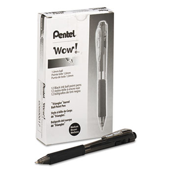 Pentel&#174; WOW! Retractable Ballpoint Pen, 1mm, Black Barrel/Ink, Dozen