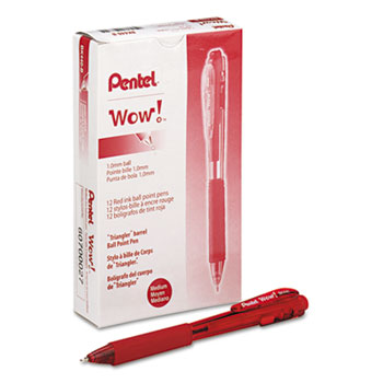 Pentel&#174; WOW! Retractable Ballpoint Pen, 1mm, Red Barrel/Ink, Dozen
