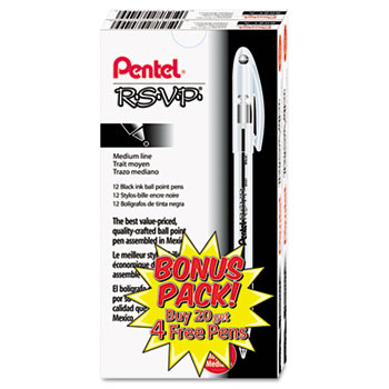 Pentel&#174; R.S.V.P. Stick Ballpoint Pen, 1mm, Black Ink, 24/PK