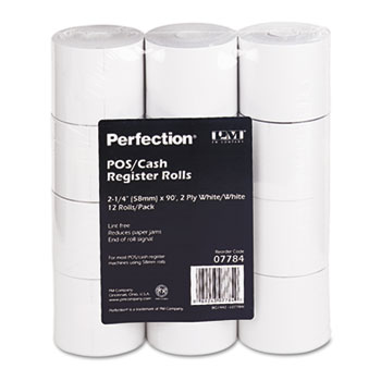 PM Company&#174; Paper Rolls, Two Ply Receipt Rolls, 2 1/4&quot; x 90 ft, White/White, 12/Pack
