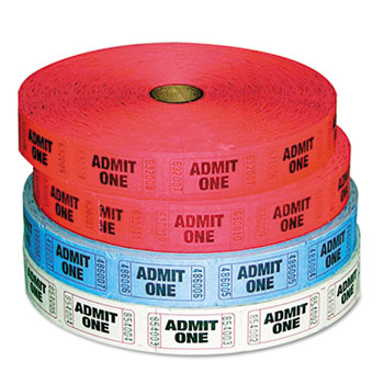 PM Company Admit-One Ticket Multi-Pack, 4 Rolls, 2 Red, 1 Blue, 1 White, 2000/Roll