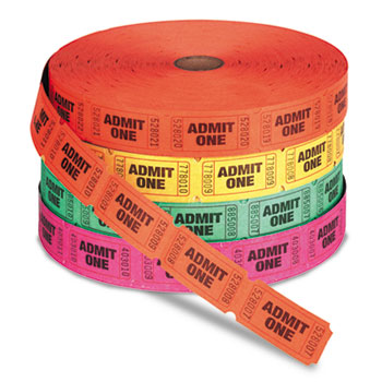 PM Company Admit One Single Ticket Roll, Numbered, Assorted, 2000 Tickets/Roll