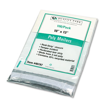 Quality Park™ Redi-Strip Poly Mailer, Side Seam, 10 x 13, White, 100/Box