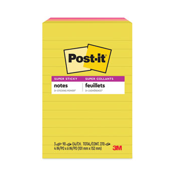 Post-it&#174; Note Pads in Summer Joy Collection Colors, 4&quot; x 6&quot;, Note Ruled, 90 Sheets/Pad, 3 Pads/Pack