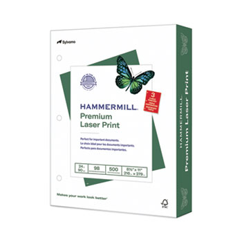 Hammermill Premium Laser Print Paper, 98 Bright, 3-Hole, 24 lb Bond Weight, 8.5 x 11, White, 500/Ream