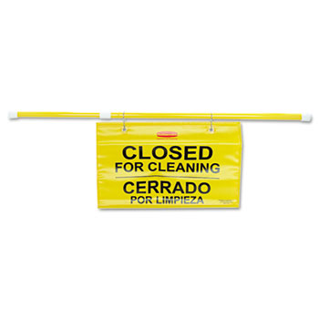 Rubbermaid&#174; Commercial Closed For Cleaning Hanging Doorway Safety Sign, Heavy Duty, Extend-to-Fit, Multilingual, Yellow