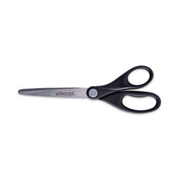 Universal Stainless Steel Office Scissors, Pointed Tip, 7&quot; Long, 3&quot; Cut Length, Black Straight Handle