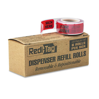 Redi-Tag&#174; Arrow Message Page Flag Refills, &quot;Sign Here&quot;, Red, 6 Rolls of 120 Flags/Box