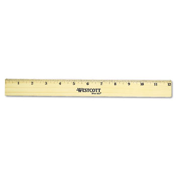 Westcott&#174; Flat Wood Ruler w/Two Double Brass Edges, 12&quot;, Clear Lacquer Finish