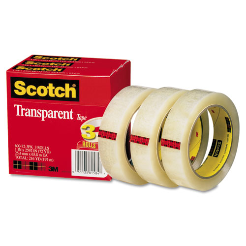 Transparent Transparent Tape 600 72 3PK 1"x 2592" Scotch 3/Pack 3" Core 