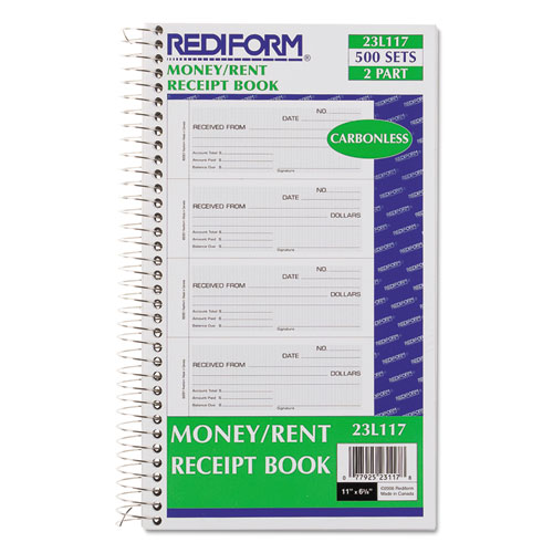 Rediform Money and Rent Unnumbered Receipt Book 5 1/2 x 2 3/4 Two-Part 500 Sets 